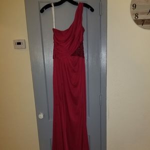 Red lace mid section exlong prom or bridesmaid dress